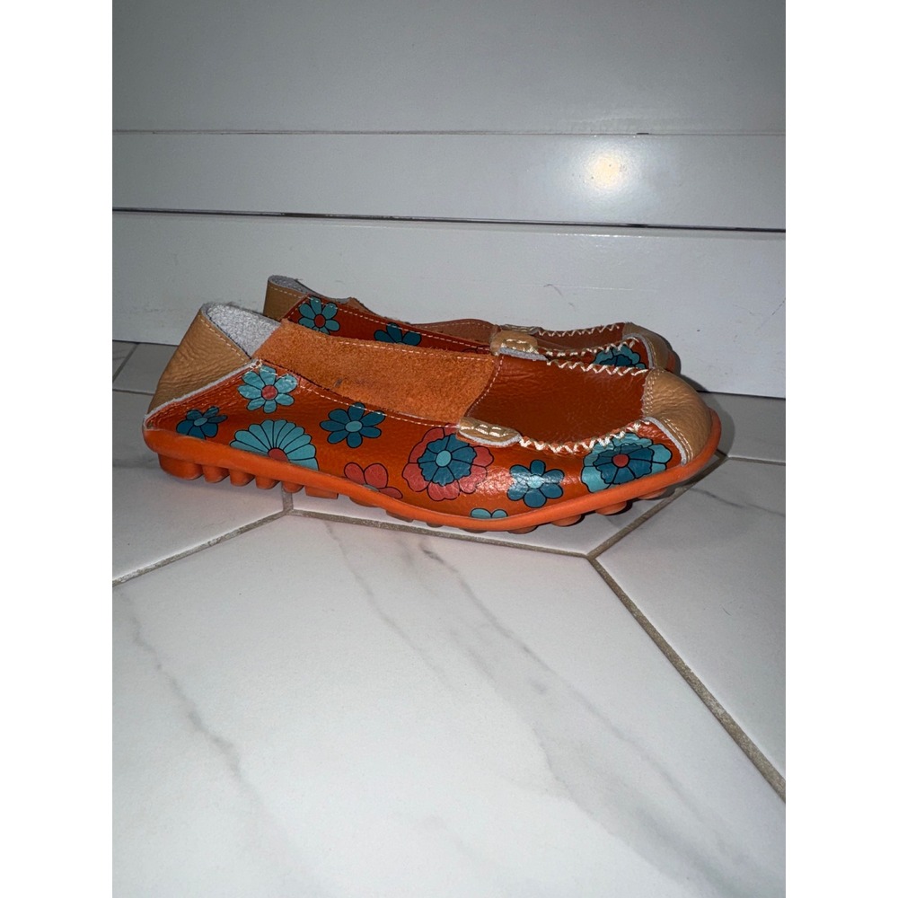 Socofy Orange Floral Leather Loafers Remote Control Sole‎ Flats EU 41